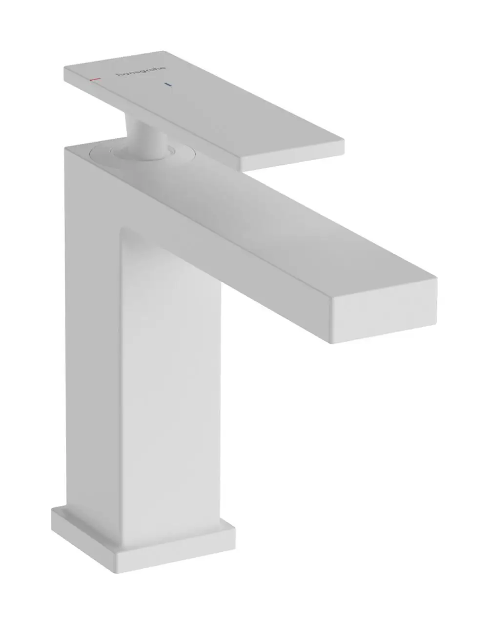 Einhebel-Waschtischmischer von Hansgrohe in Mattweiß mit breitem Auslauf. Steuerung über eine flache Hebeloberfläche. Minimalschalter für Wasser.